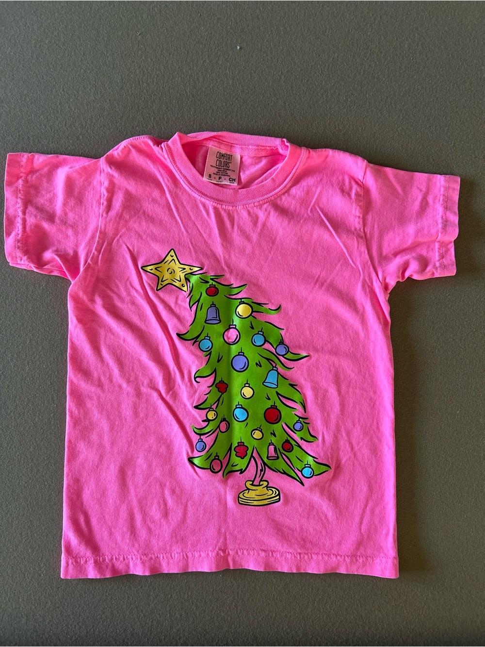Comfort Colors Bright Pink Tee with Green Christmas Tree Graphic
